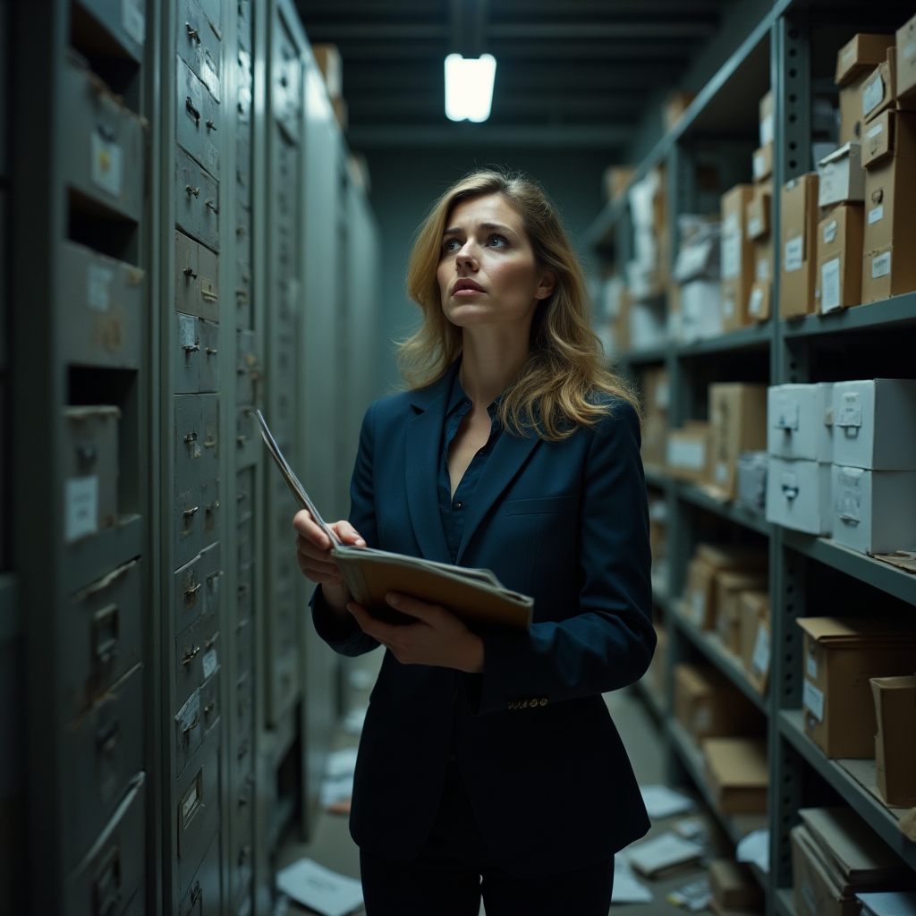 Profesional buscando un documento específico entre estanterías llenas de archivos sin clasificar